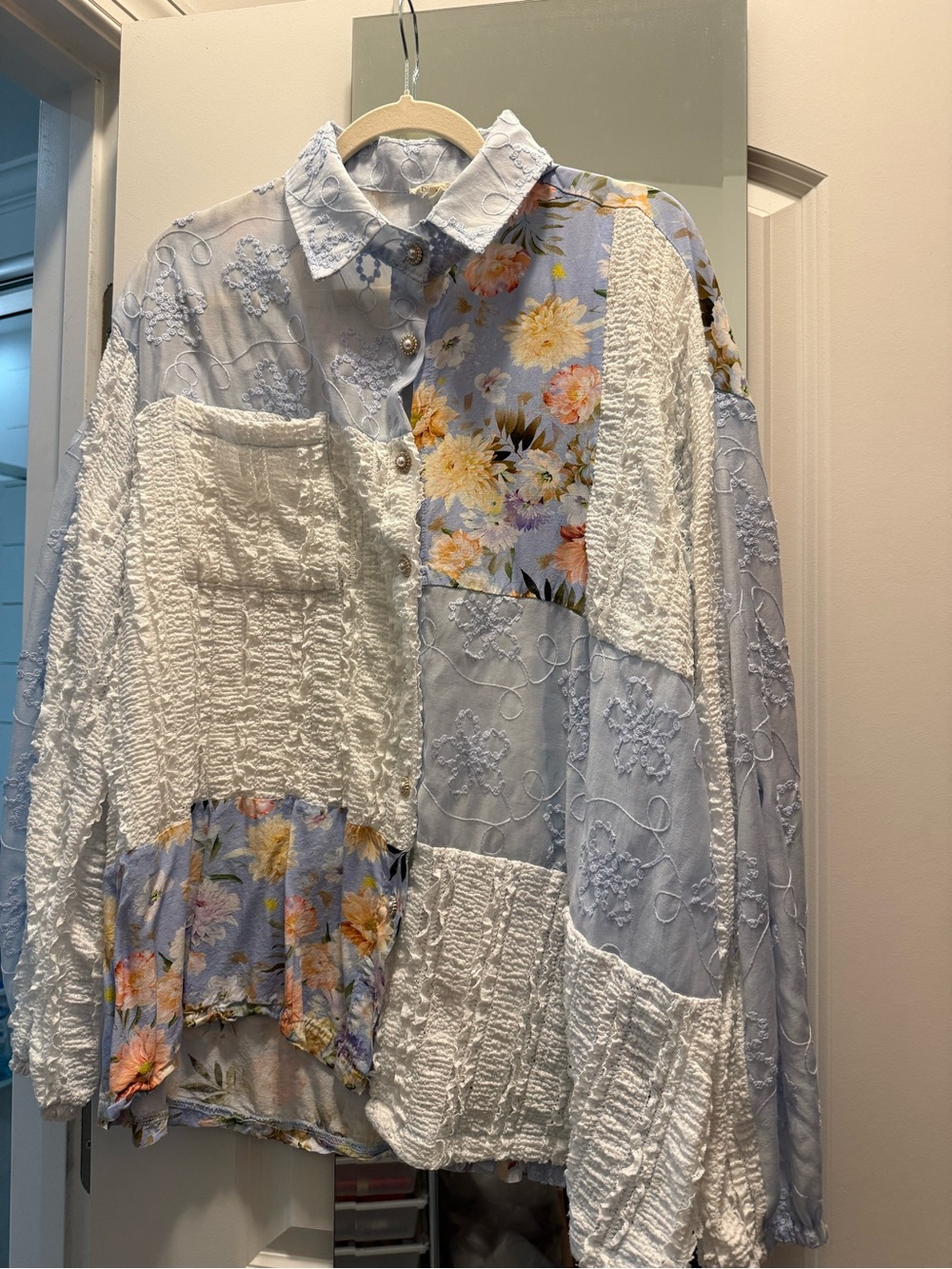POL Light Blue Floral Patchwork Button-Up Blouse